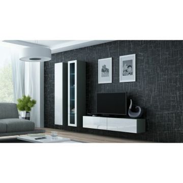 Cama MEBLE Comoda TV Cama Meble Vigo 140, 30/140/40 cm,  Gri-Alb lucios Cama MEBLE Comoda TV Cama Meble Vigo 140, 30/140/40 cm,  Gri-Alb lucios