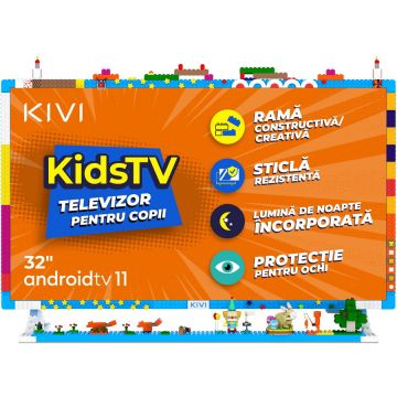 KIVI Televizor Smart Android pentru copii KIVI - KidsTV, 32'', 80 cm, Full HD, lumina albastra scazuta, Albastru-Alb